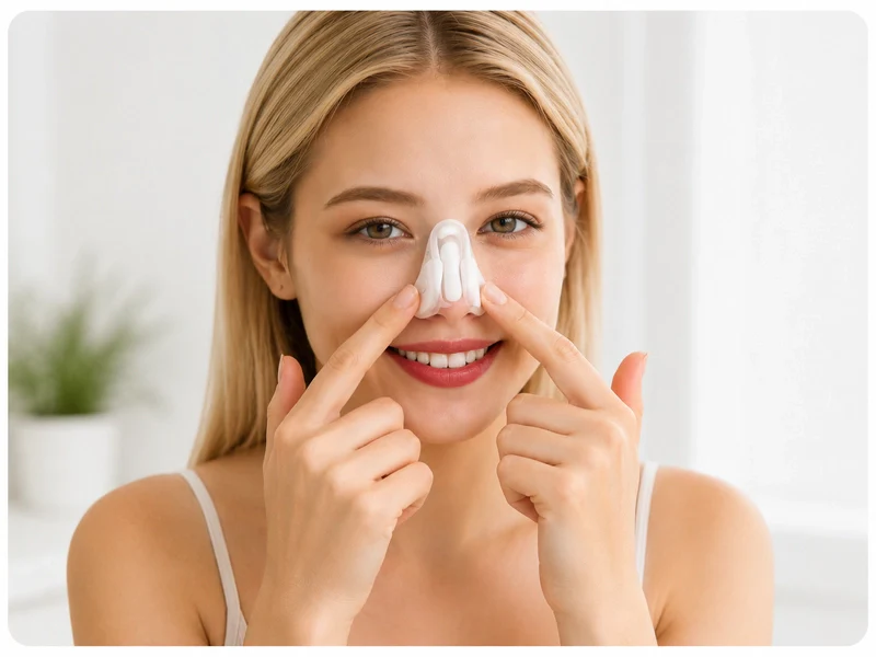 Woman positioning the SculptAura™ device on her face
