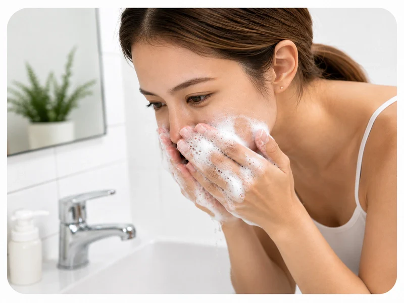 Woman cleansing her face at the sink before using SculptAura™