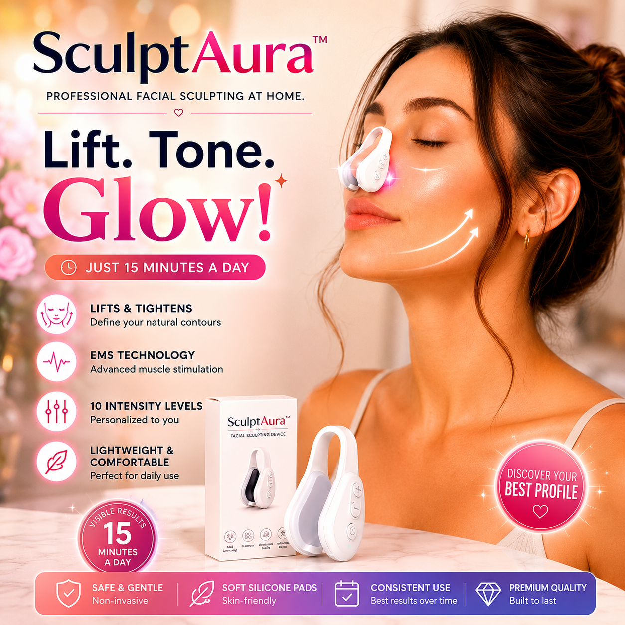 Woman using the SculptAura™ facial sculpting device