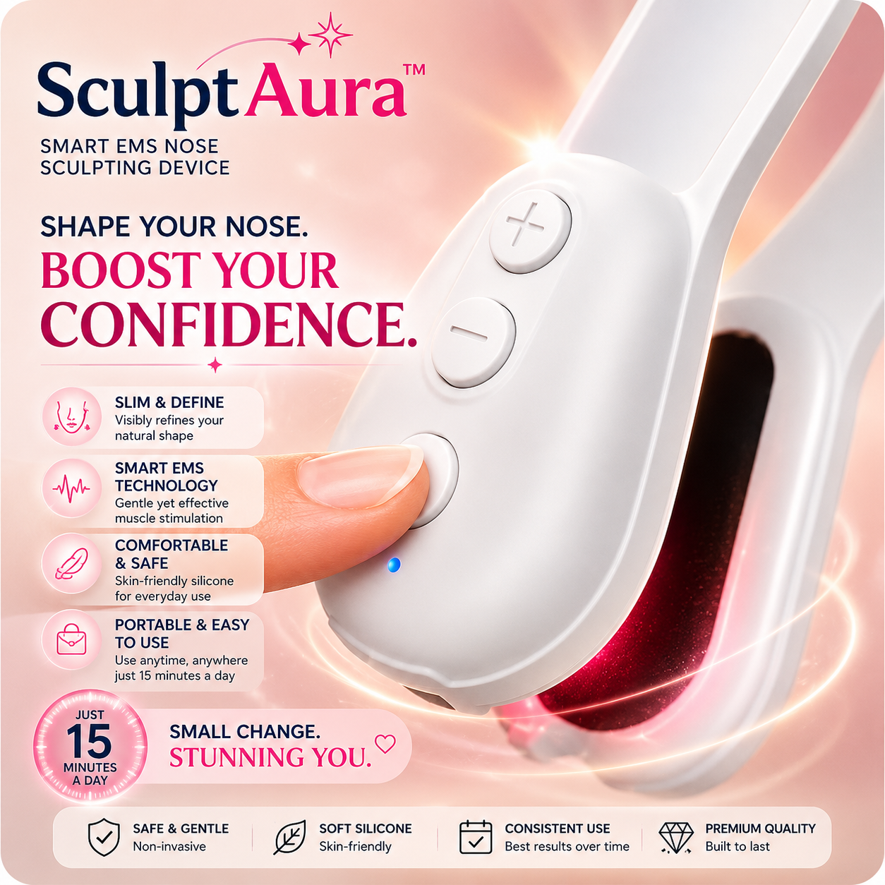 Finger pressing the SculptAura™ power button