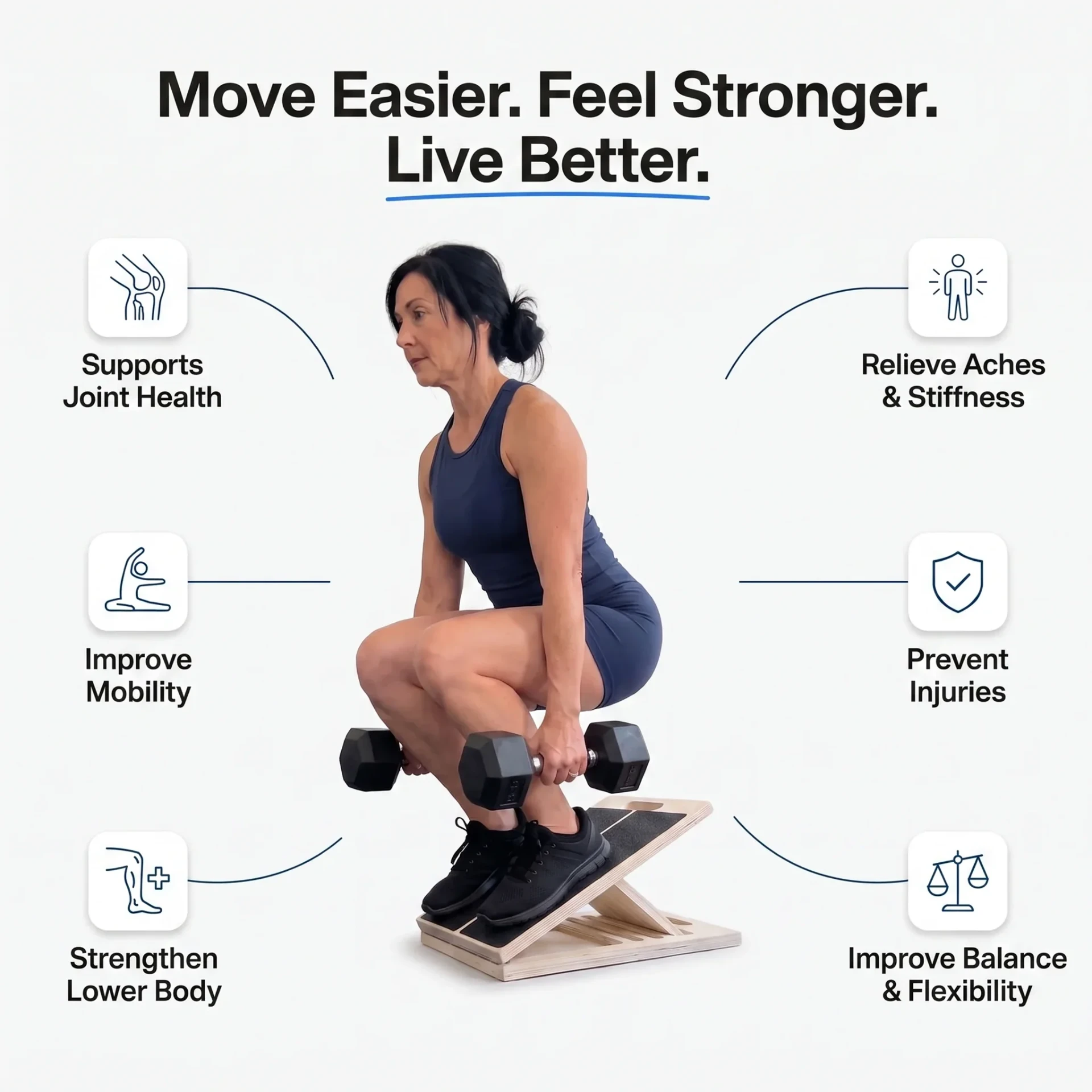 Move easier, feel stronger, live better — supports joint health, improves mobility, strengthens the lower body, relieves aches and stiffness, prevents injuries and improves balance